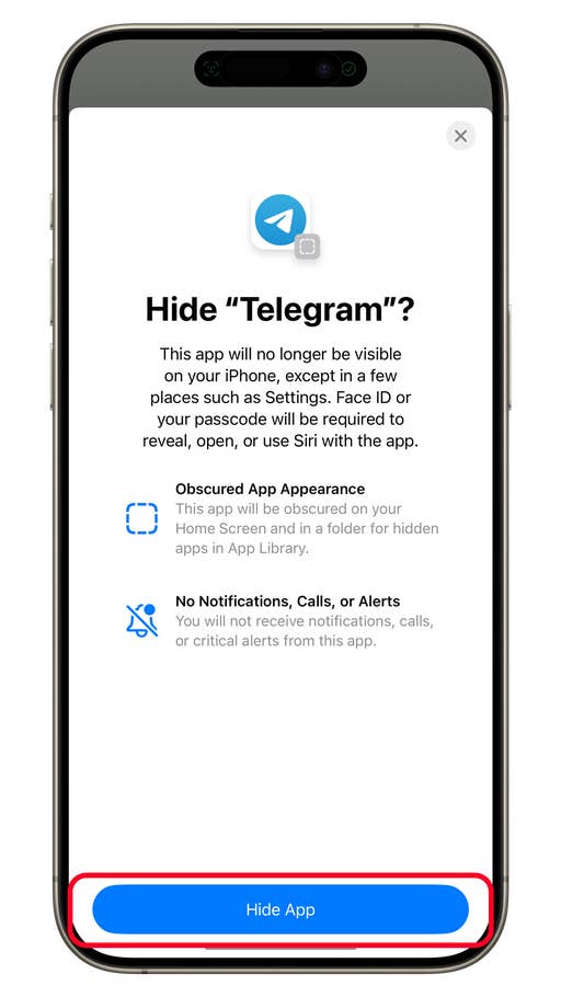 Écran du0027iPhone montrant les options pour cacher lu0027application Telegram avec un bouton bleu u0027Cacher lu0027appliu0027.