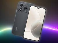 Un smartphone Honor noir avec trois caméras arrière et un grand écran avant sur fond coloré.