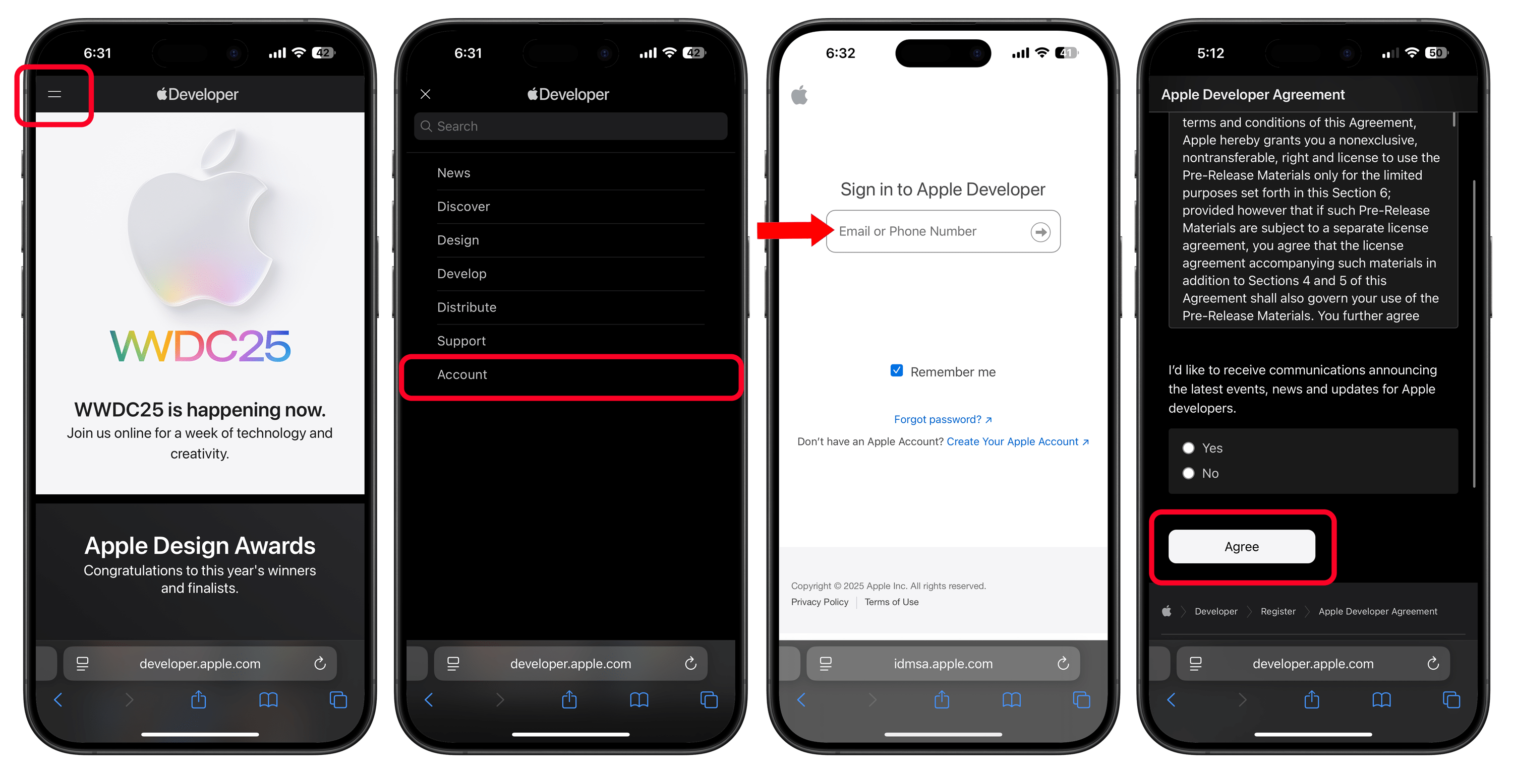 Captures d'écran du site Apple Developer montrant le processus de connexion et d'accord du compte.