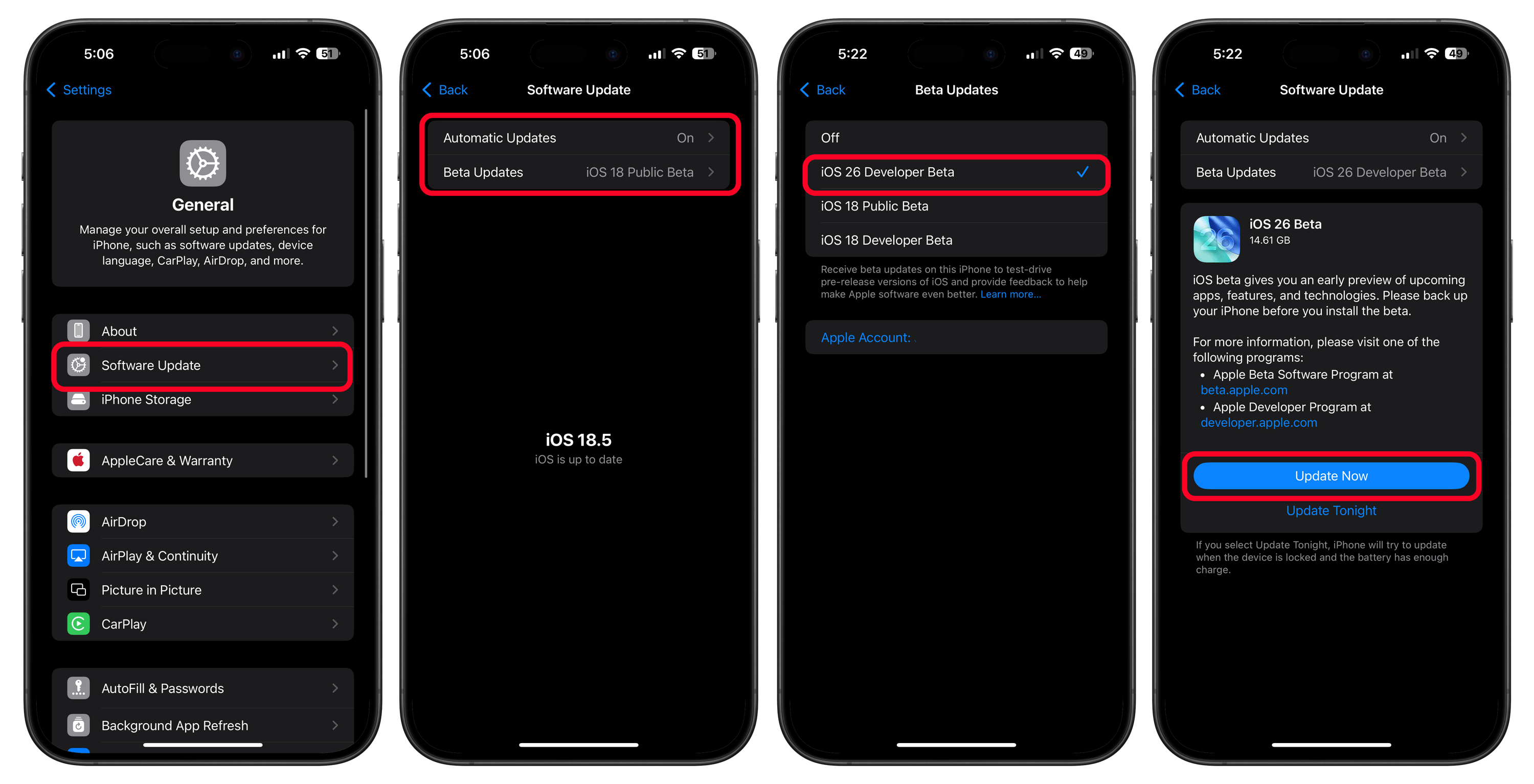 Écrans d'iPhone affichant iOS 26 Developer Beta et options de mise à jour logicielle.