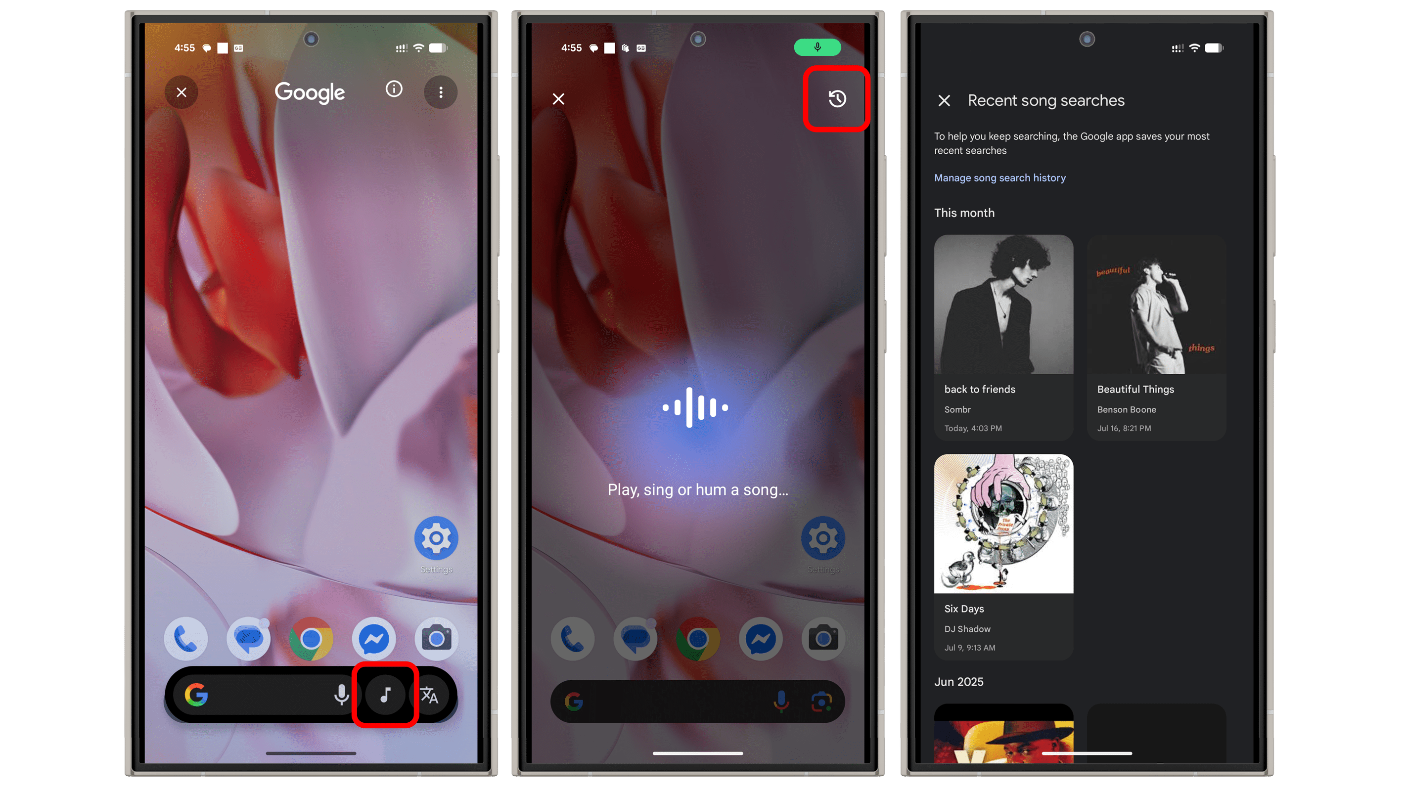 Trois écrans de smartphone affichant des fonctionnalités de l'application Google liées à la recherche musicale.