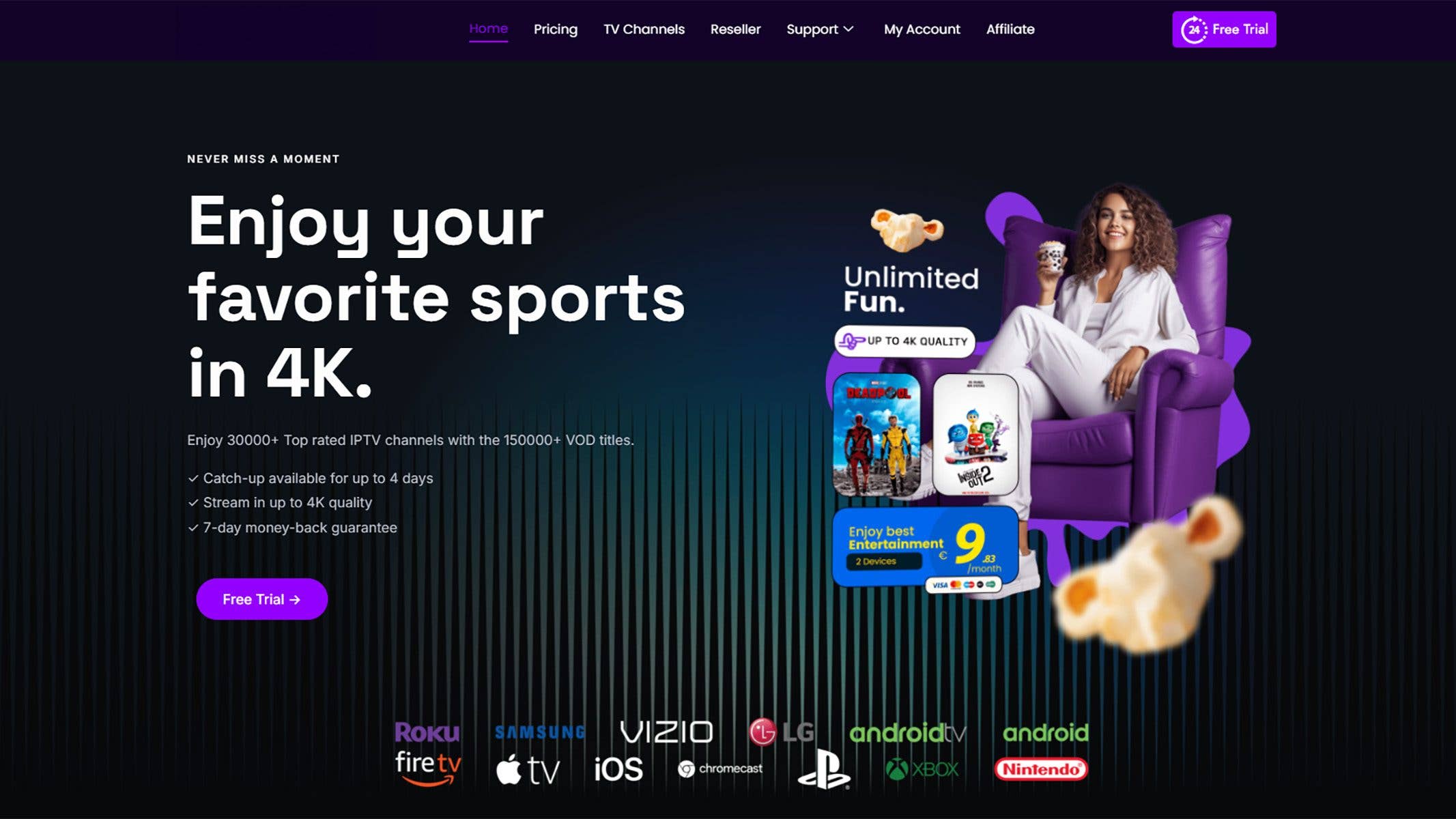 Image promotionnel pour un service IPTV avec une femme dans un fauteuil, du pop-corn et des détails sur le streaming en 4K.
