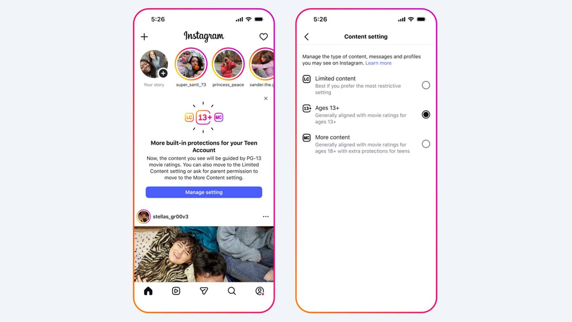 Interface d'Instagram affichant les paramètres de contenu pour les comptes d'adolescents avec des options de restriction d'âge.