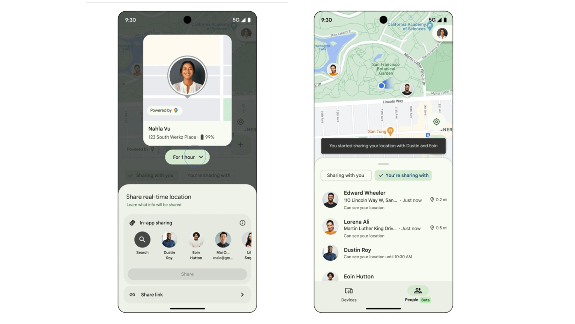 Interface d'application mobile montrant le partage de localisation avec des utilisateurs et une vue de carte.