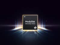 Logo MediaTek Dimensity 8400 avec symbole 5G, sur fond sombre avec effets de lumière.
