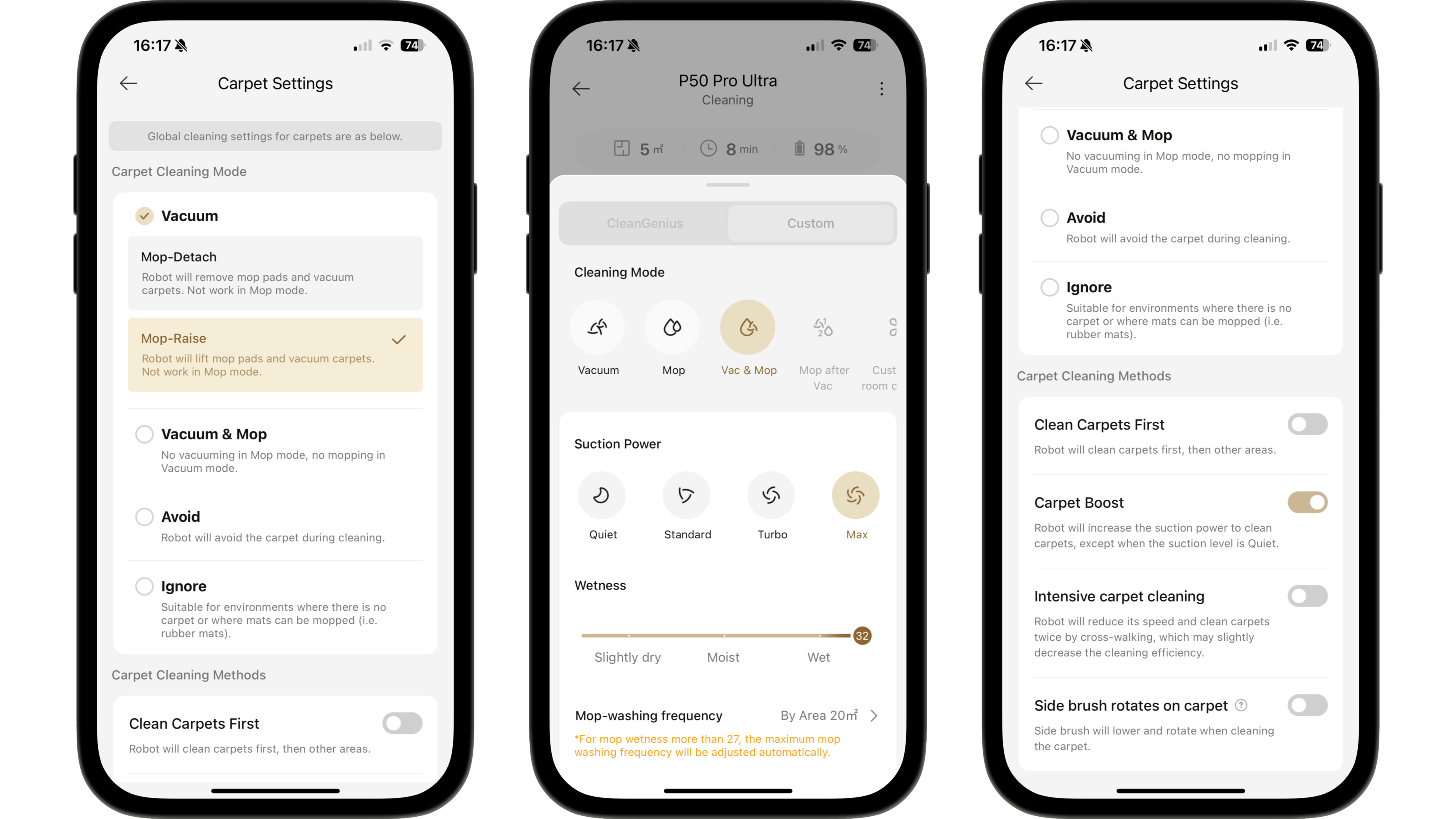 Trois écrans de smartphone affichant les paramètres de nettoyage des tapis pour le Mova P50 Pro Ultra.