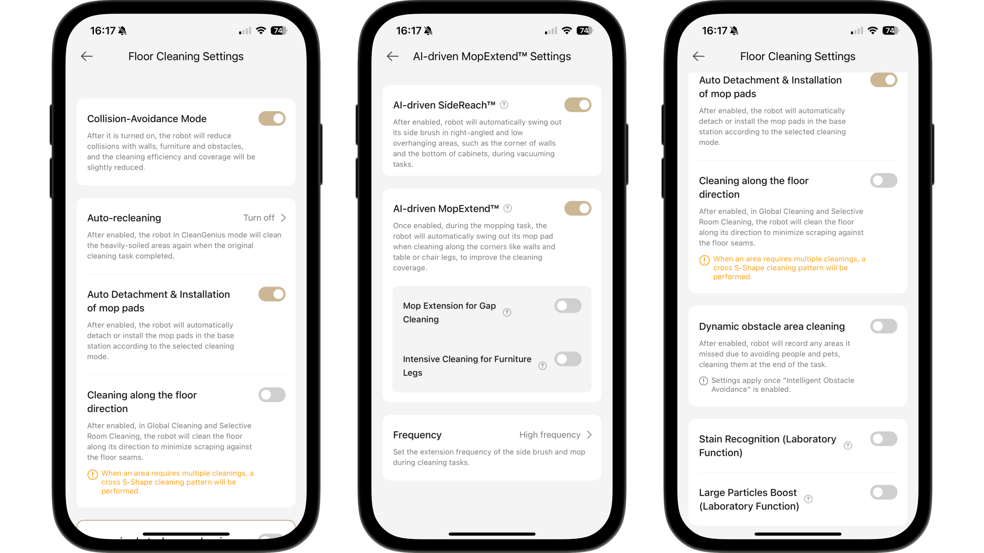Trois smartphones affichant les paramètres de nettoyage du sol pour le Mova P50 Pro Ultra.
