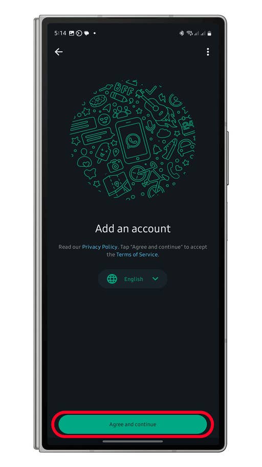 Écran de configuration de compte WhatsApp avec lu0027invite u0027Ajouter un compteu0027 et le bouton u0027Accepter et continueru0027.