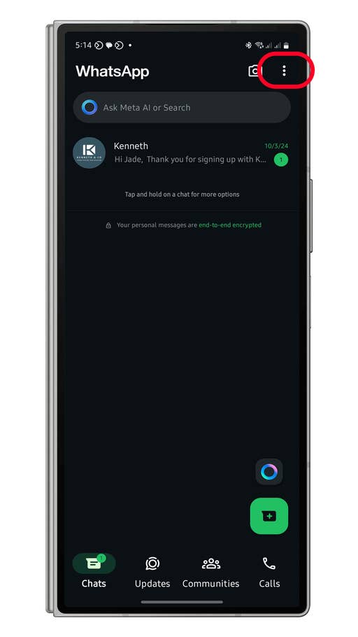 Interface WhatsApp affichant une conversation avec Kenneth et des options de recherche et de paramètres.