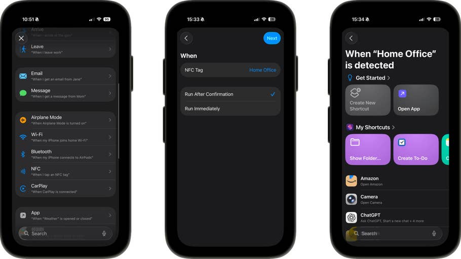 Trois écrans de smartphone montrant les paramètres de tag NFC et les options du0027automatisation.