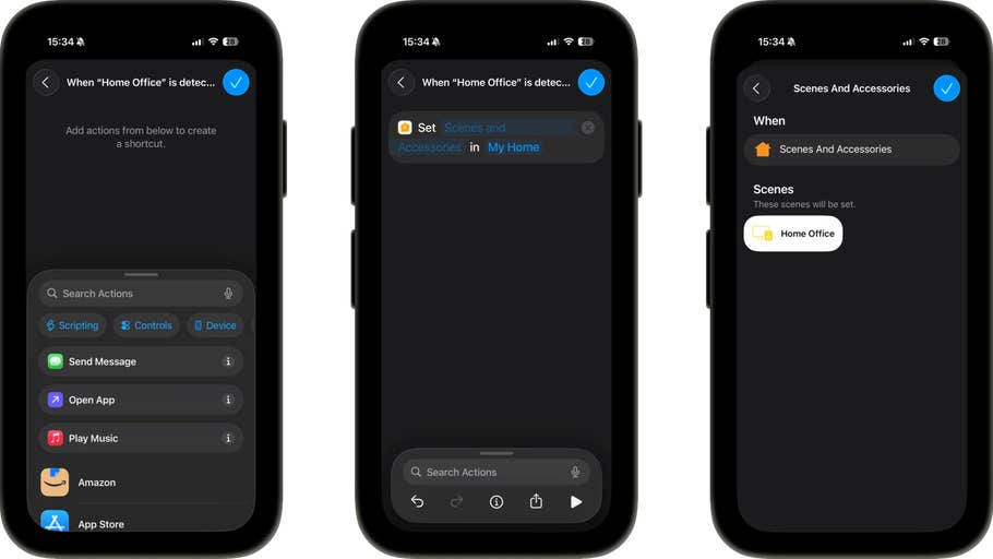 Trois écrans du0027iPhone affichant des raccourcis pour les actions du0027étiquettes NFC dans les paramètres de bureau à domicile.