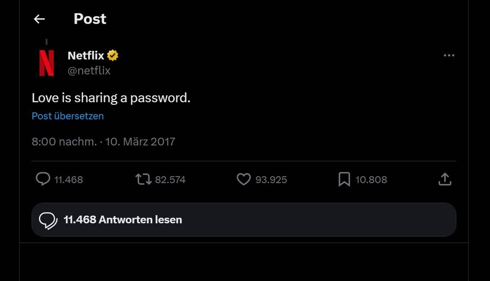 Tweet de Netflix : 'L'amour, c'est partager un mot de passe.' daté du 10 mars 2017.