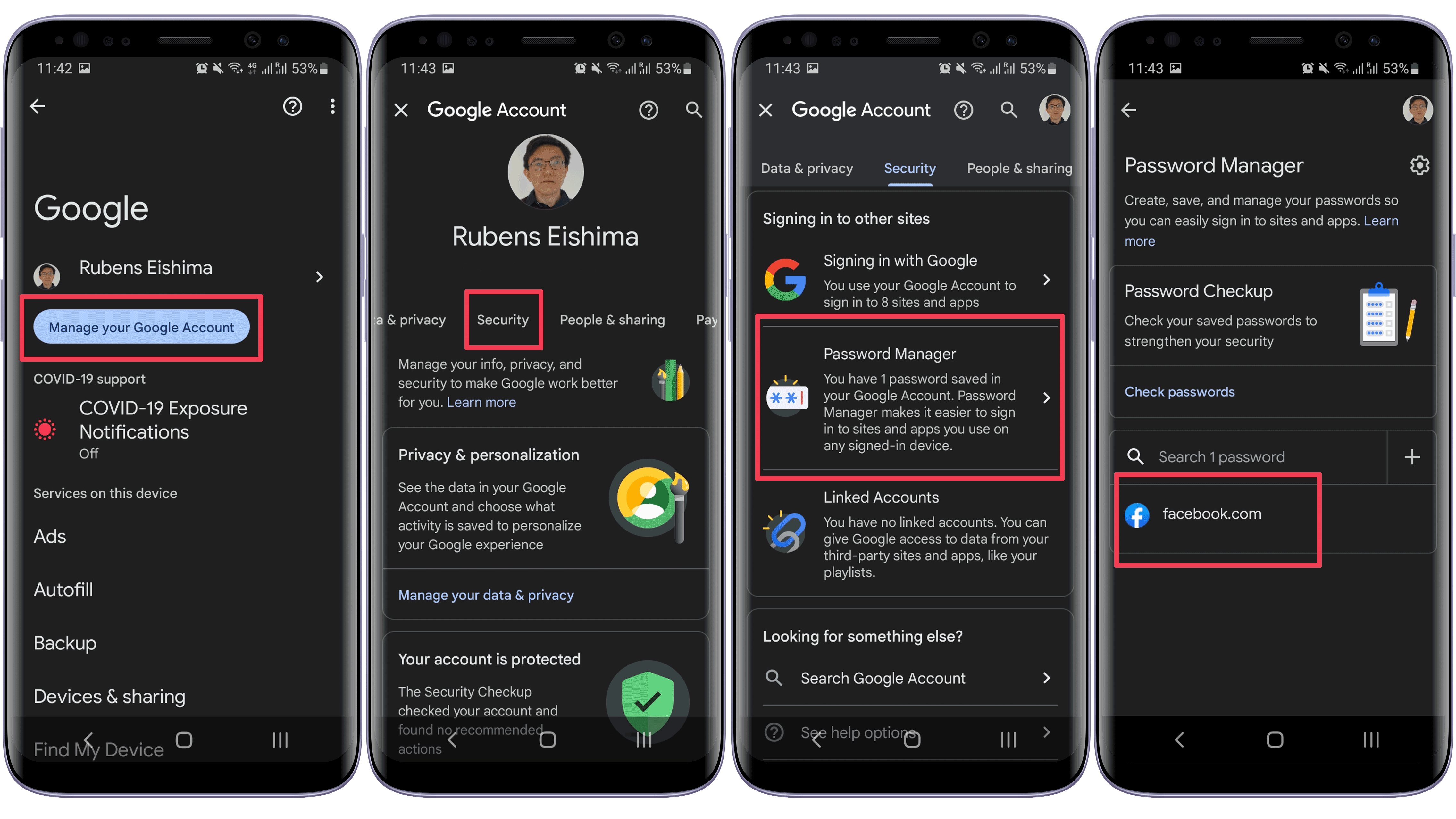 Captures d'écran gestionnaire mots de passe Google