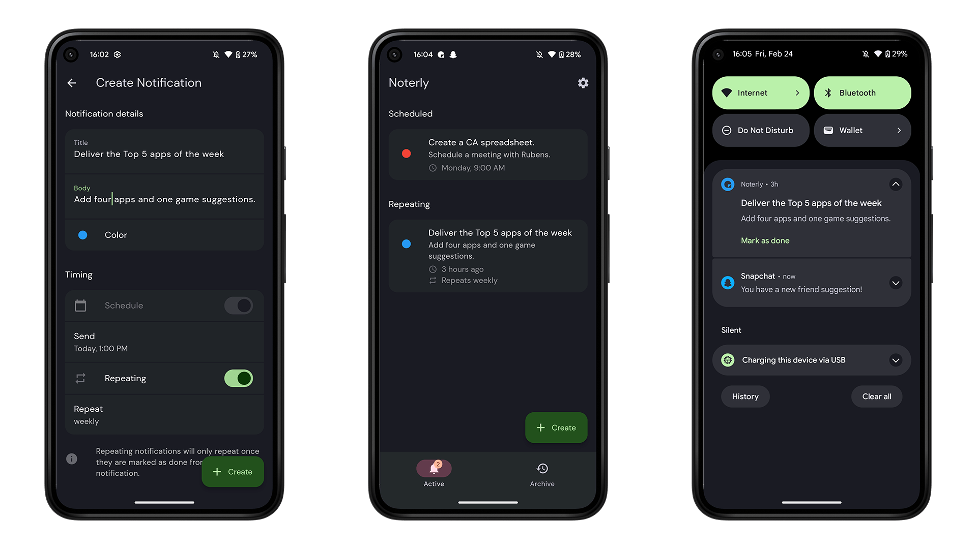 Captures d'écran application Noterly