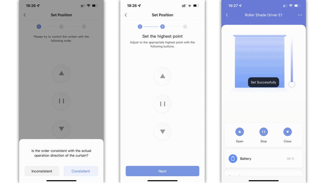 Bewegungsrichtung festlegen, höchste und niedrigste Position festlegen – und fertig ist das Setup. Aqara Roller Shade Driver E1 Screenshots