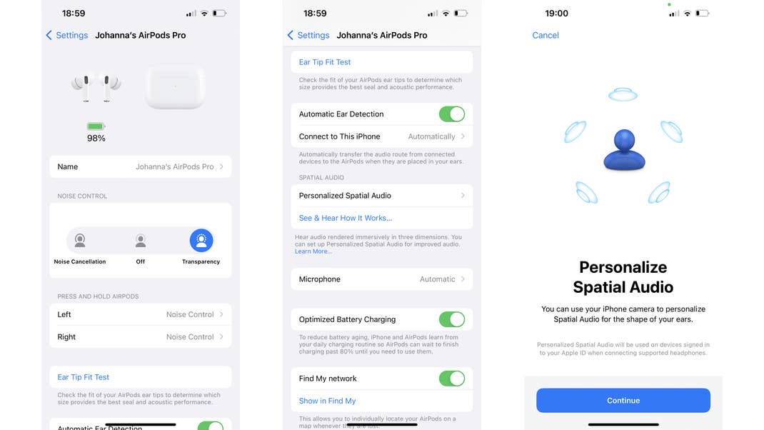 Screenshots mit Erklärung zum Einrichten von Personal Spatial Audio