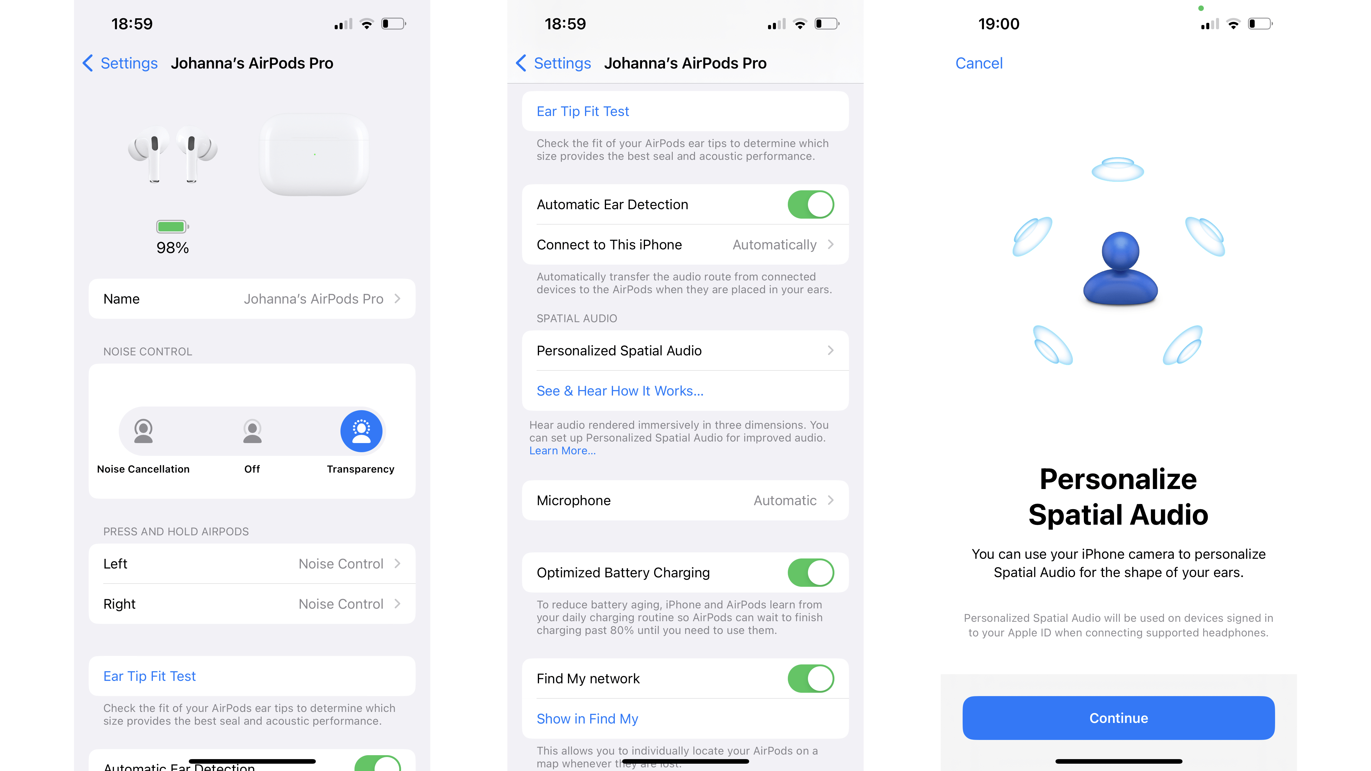 Screenshots mit Erklärung zum Einrichten von Personal Spatial Audio