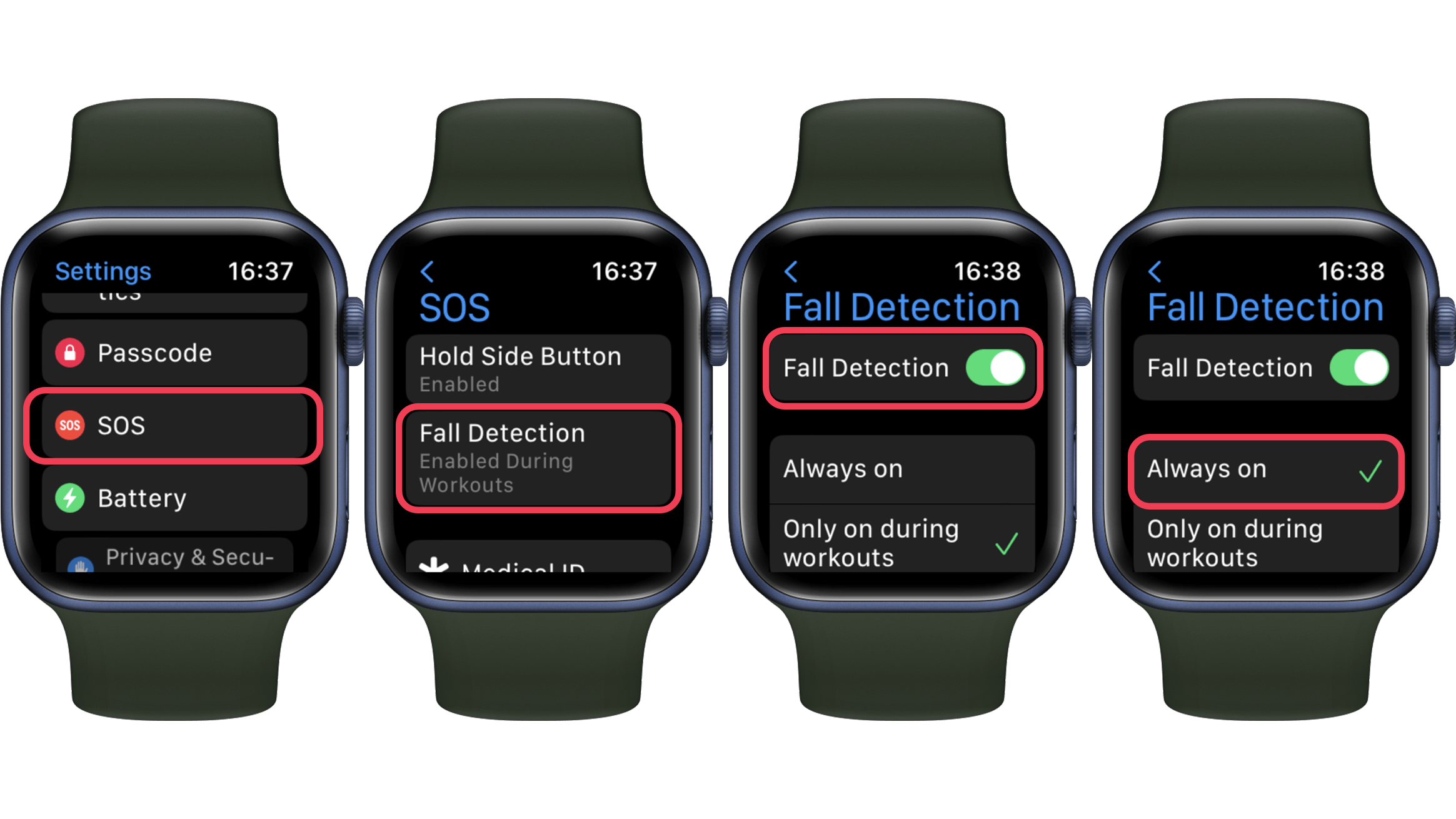 Screenshots showing how to turn on fall detection feature on an Apple Watch