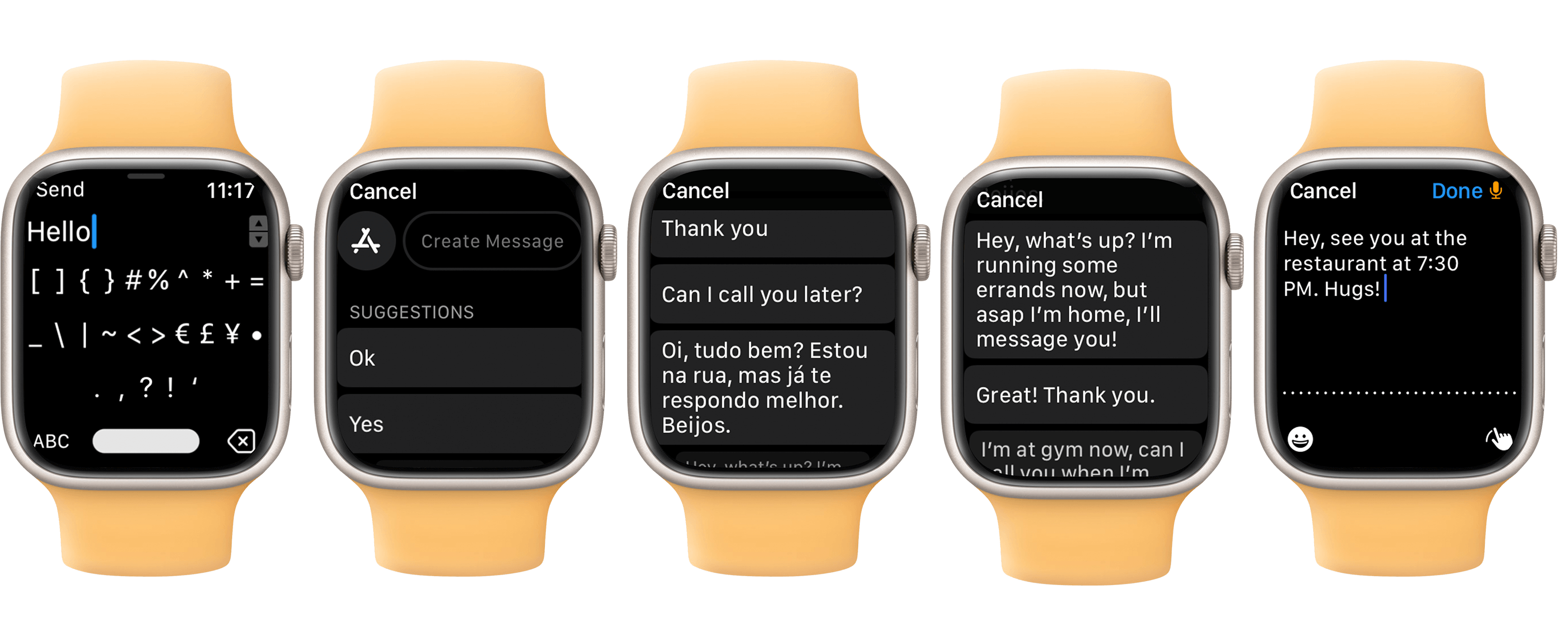 Screenshots on Apple Watch showing how to reply messages