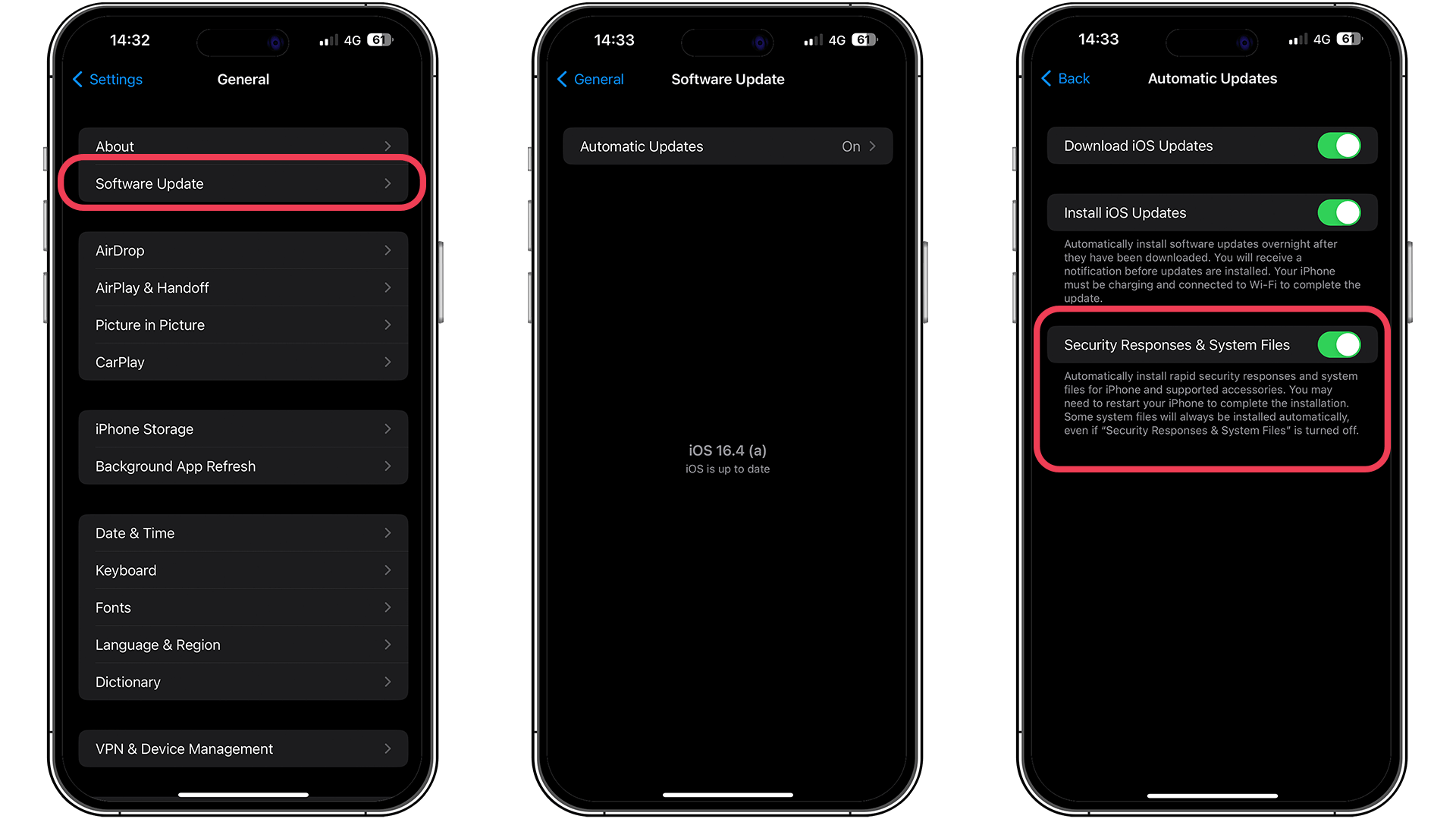 Captures d'écran montrant la zone de sécurité et de réponses d'iOS 16.4 A