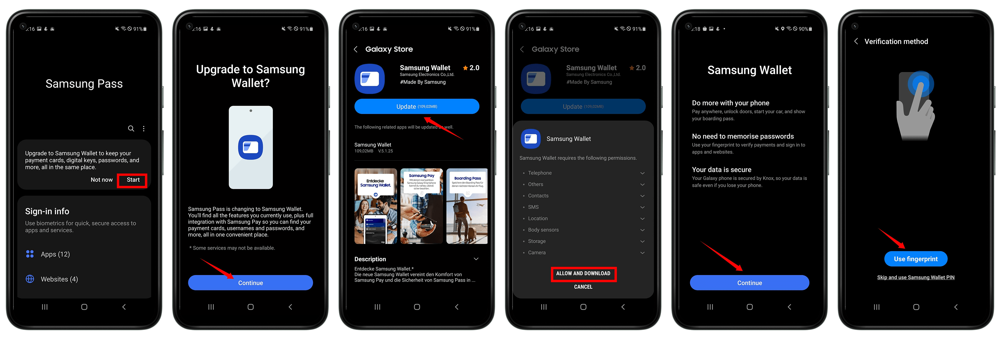 Screenshots zeigen, wie man von Samsung Pass zu Samsung Wallet wechselt