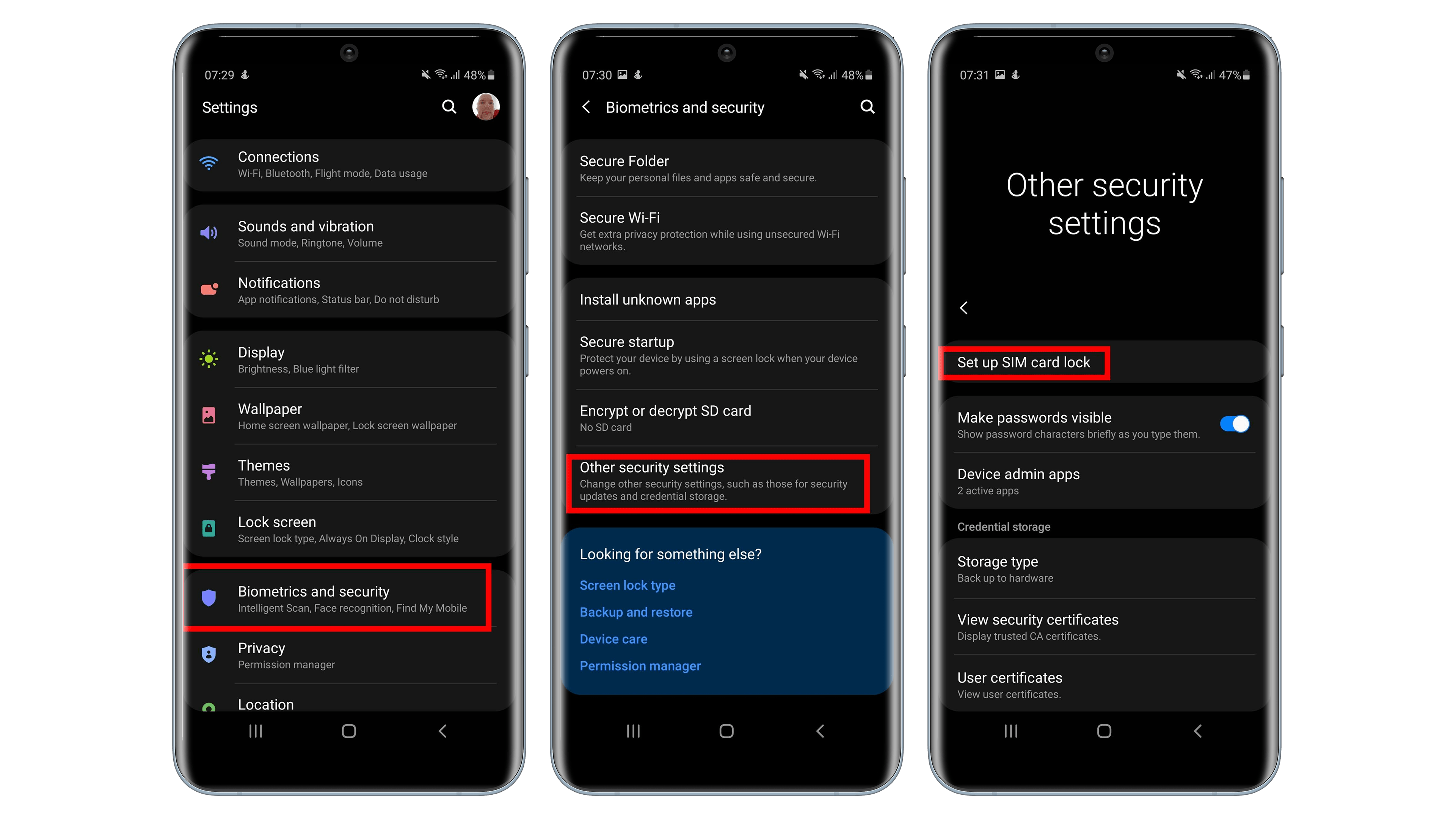 Screenshots der SIM-Karten-Einstellungen auf einem Samsung Handy