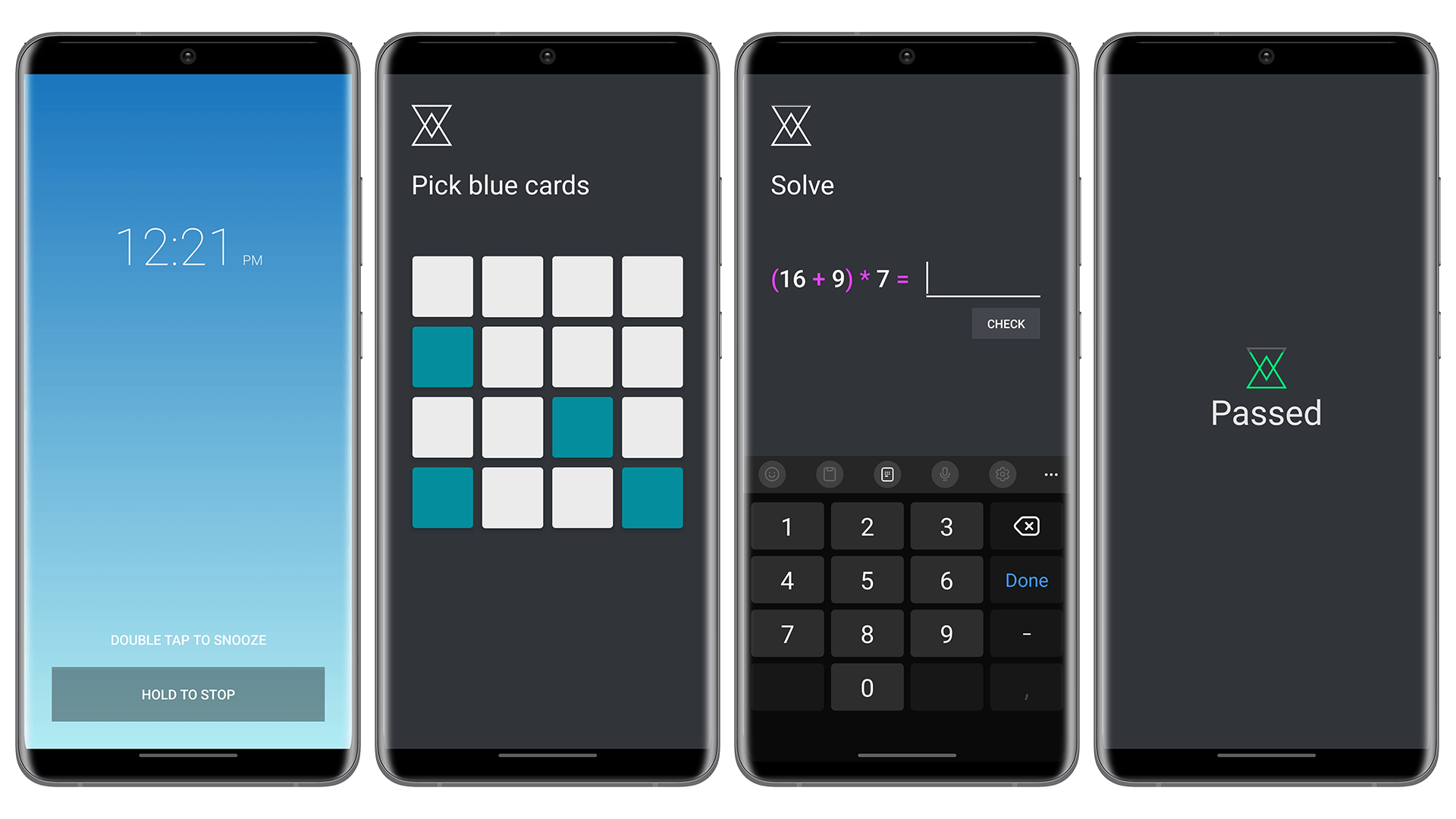 Screenshots displaying the user interface of the Alarm Clock Puzzle app