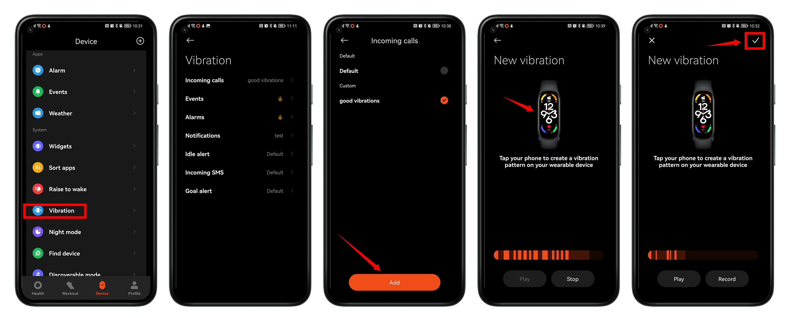 Screenshots der Mi-Fitness-App und den Vibrations-Einstellungen