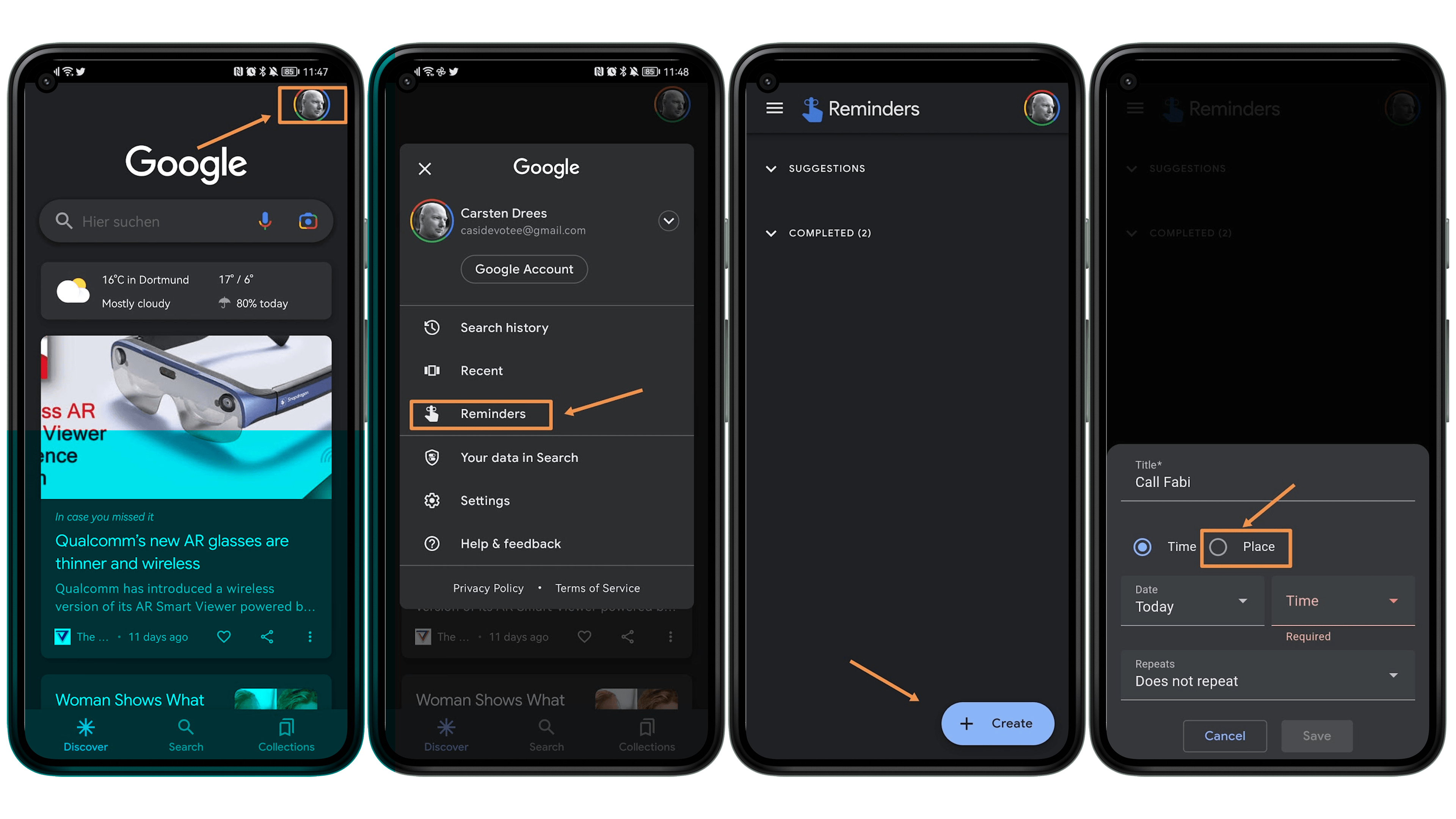 Screenshots vom Einrichten der Erinnerungen mittels Google-App