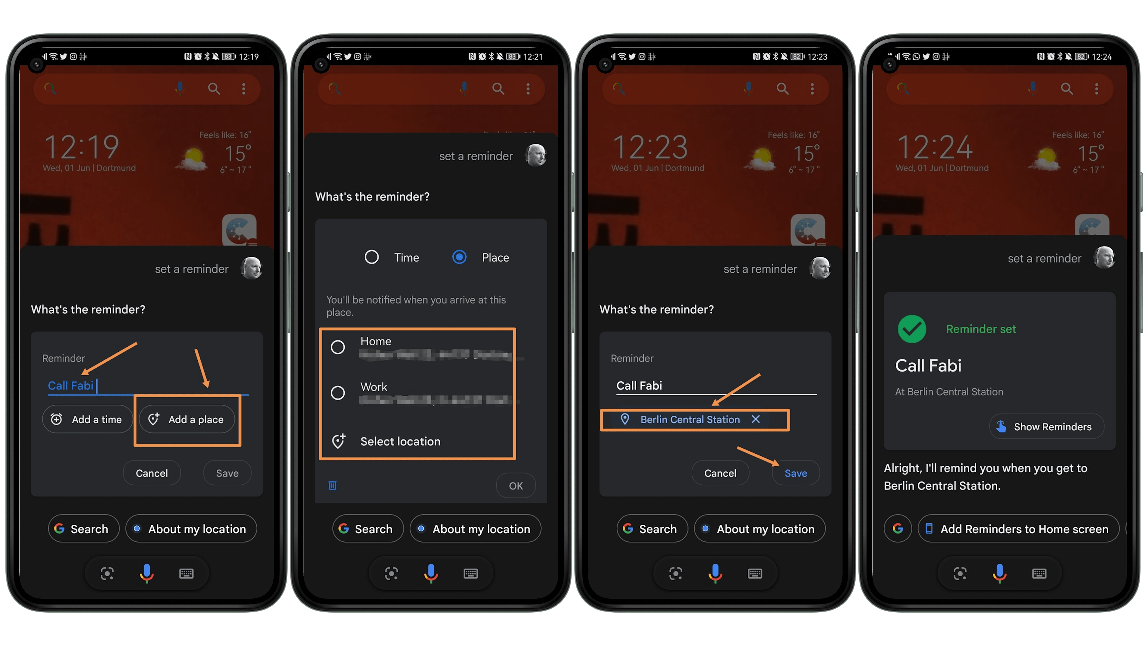 Screenshots vom Einrichten der Erinnerungen mit dem Google Assistant