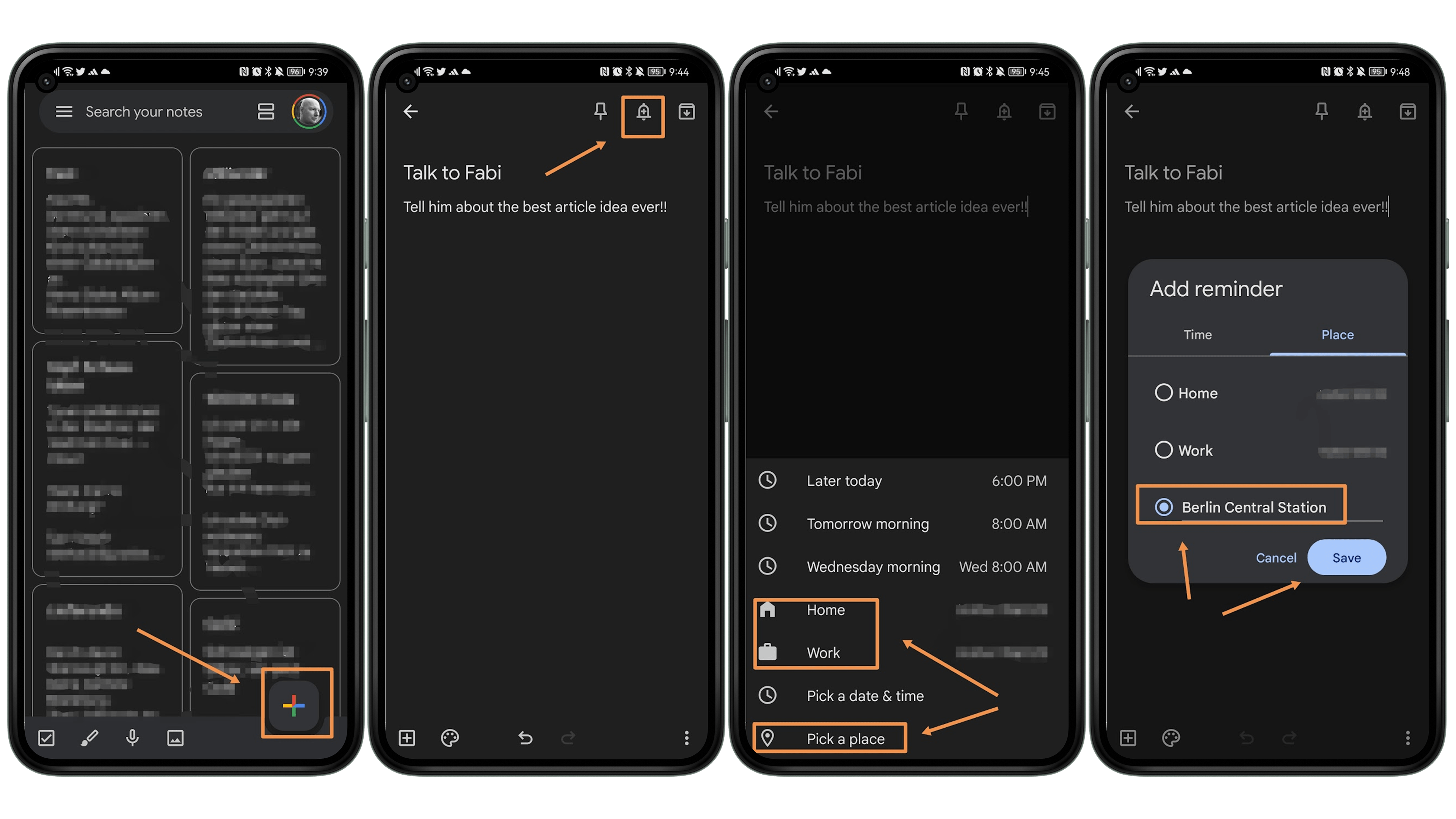 Screenshots vom Einrichten der Erinnerungen mit Google Notizen