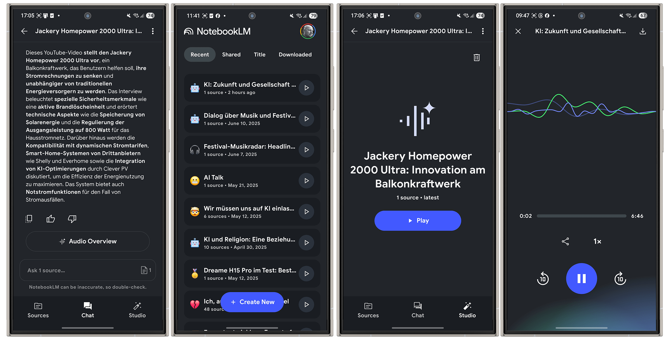 Capture d'écran de l'application NotebookLM montrant les détails du Jackery Homepower 2000 Ultra et le contenu audio récent.