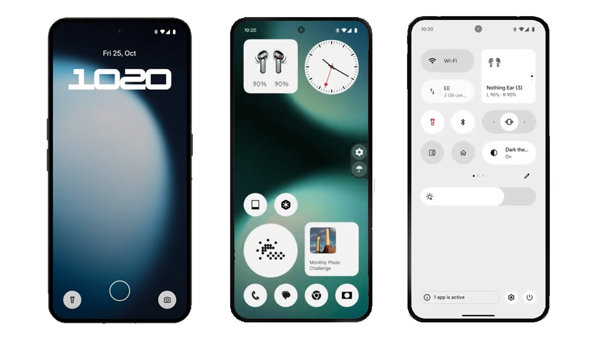Three smartphone screens showing Nothing OS 4.0 interface with time, battery, and app icons.