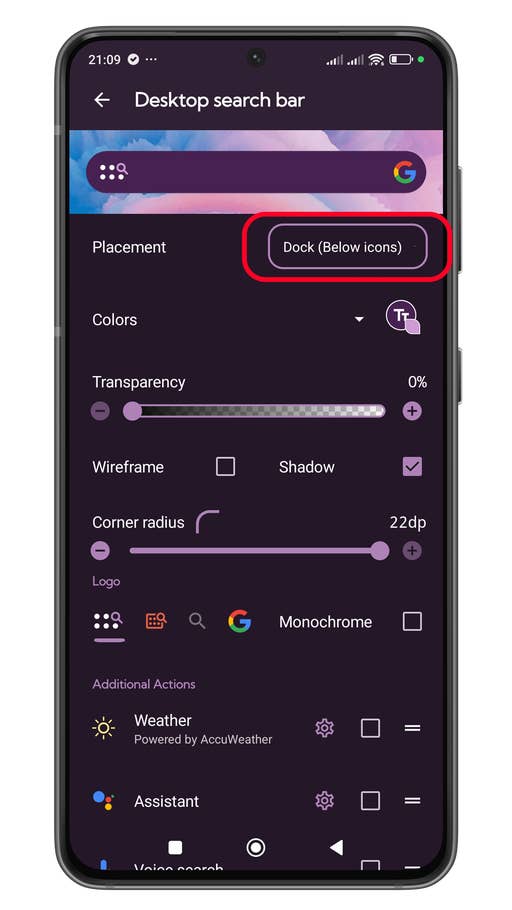 Menu des paramètres pour la personnalisation de la barre de recherche Android.
