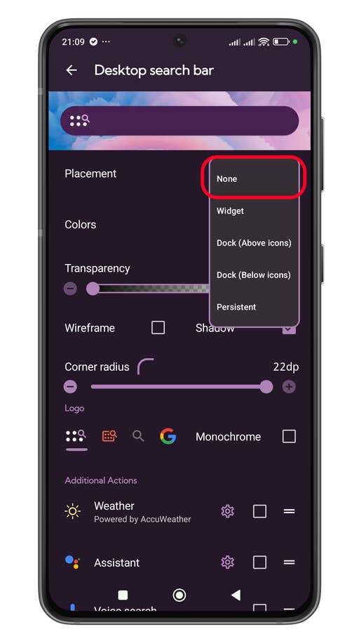 Menu de paramètres Android avec options pour le placement de la barre de recherche et ajustements de transparence.