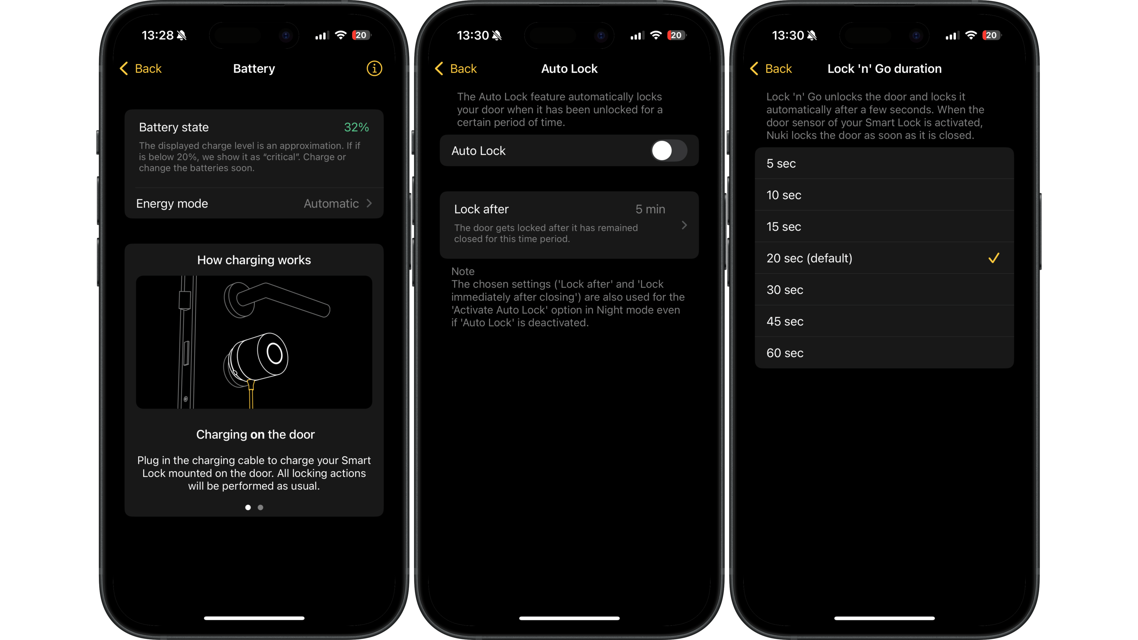 Trois écrans de smartphone affichant les paramètres pour Nuki Smart Lock Pro 5.0 : état de la batterie, verrouillage automatique et durée de verrouillage.
