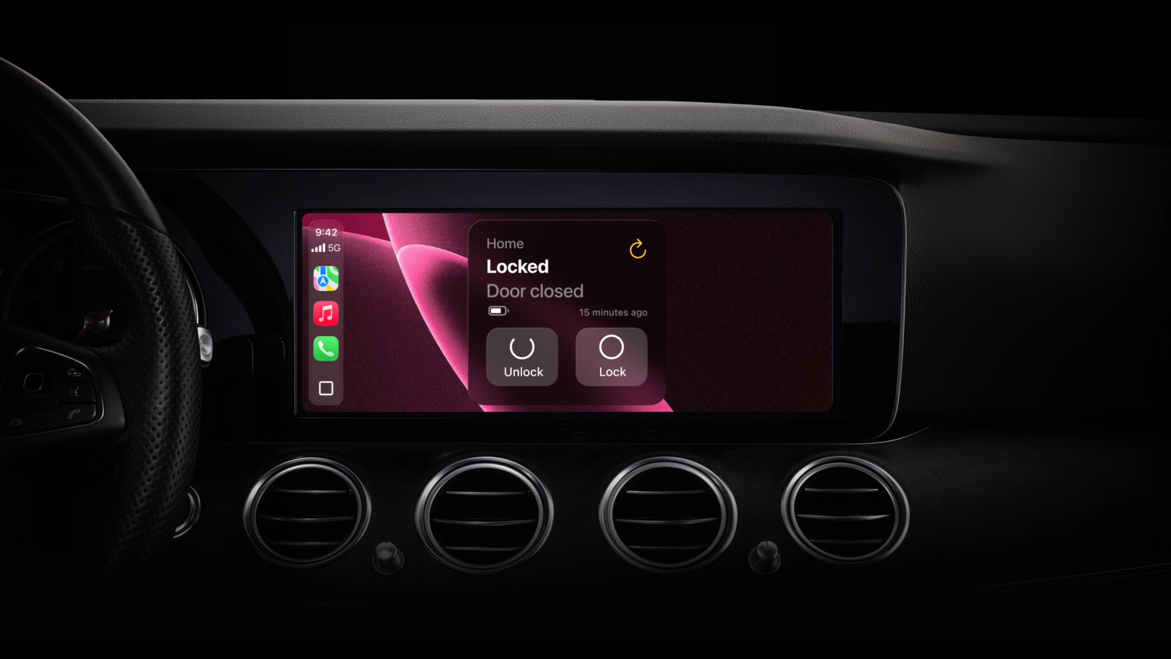 Tableau de bord de voiture affichant l'interface Nuki CarPlay avec des options pour déverrouiller ou verrouiller la porte.
