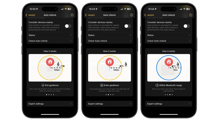 Trois écrans de smartphone affichant les paramètres de déverrouillage automatique de Nuki Smart Lock Pro.