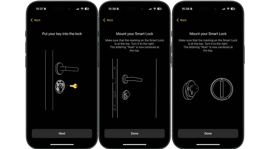 Écrans affichant les étapes de configuration pour lu0027installation de Nuki Smart Lock Pro 5.0.