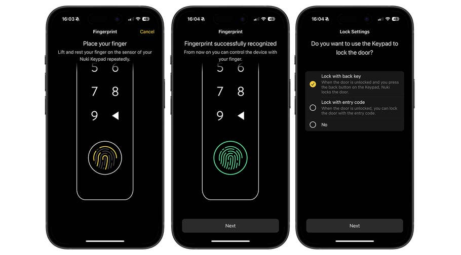Écrans de configuration de Nuki Smart Lock Pro montrant la reconnaissance du0027empreintes digitales et les options de verrouillage du clavier.