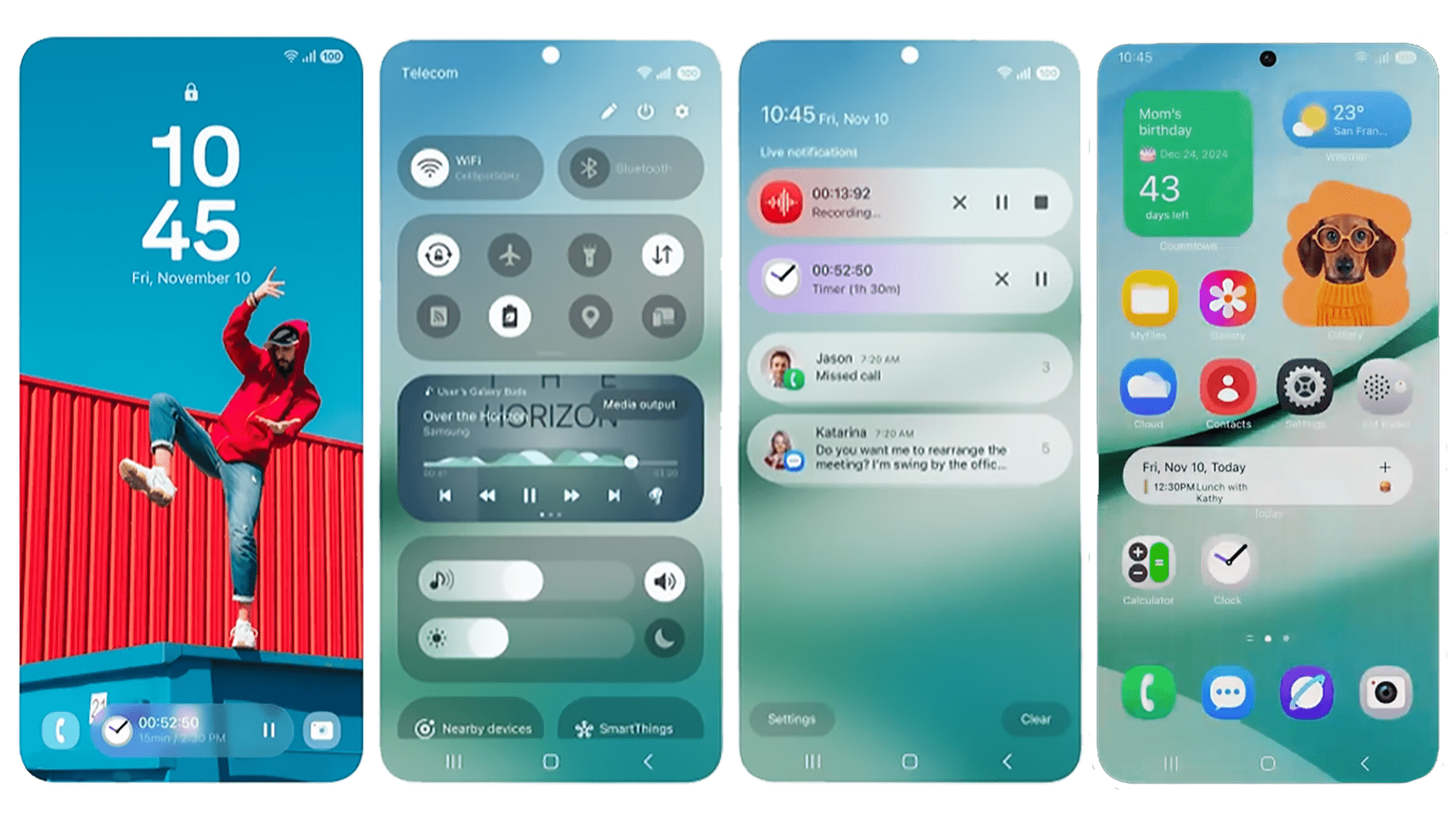 Écrans de smartphone affichant diverses fonctionnalités et notifications, y compris la date et l'heure.