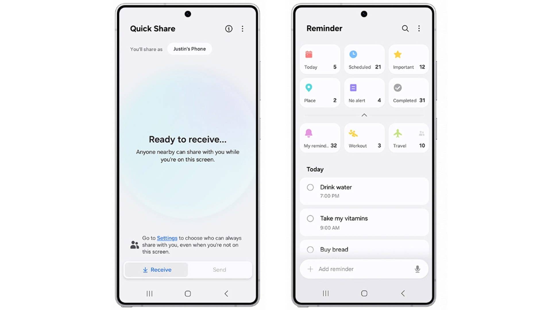 Deux écrans de smartphone : fonction Quick Share à gauche et application Rappels à droite.