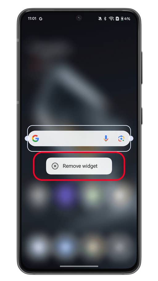 Écran de smartphone Android affichant une barre de recherche Google et un bouton u0027Supprimer le widgetu0027.