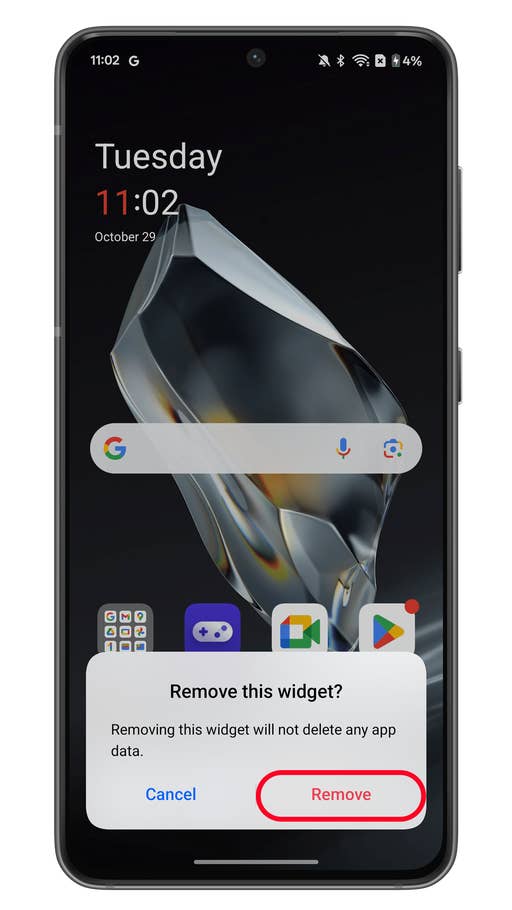 Écran de smartphone Android affichant une invite de suppression de widget.