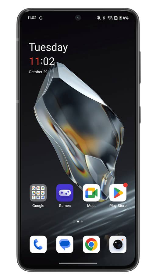 Un smartphone affichant un fond du0027écran abstrait avec des applications : Google, Jeux, Meet, Play Store et date/heure.