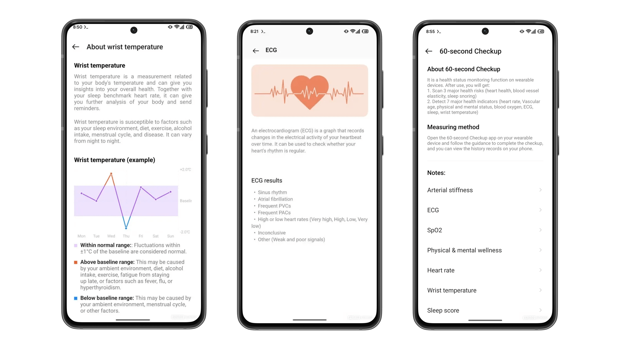 Trois écrans de smartphone affichant des mesures de santé : température du poignet, ECG et détails de contrôle de 60 secondes.