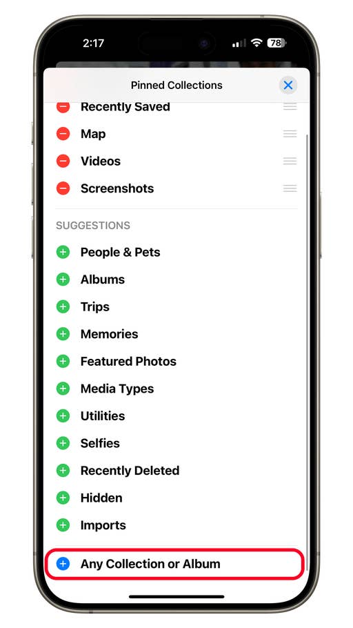 Un écran de téléphone affichant u0027Collections épingléesu0027 avec diverses catégories et une option pour ajouter u0027Toute collection ou albumu0027.
