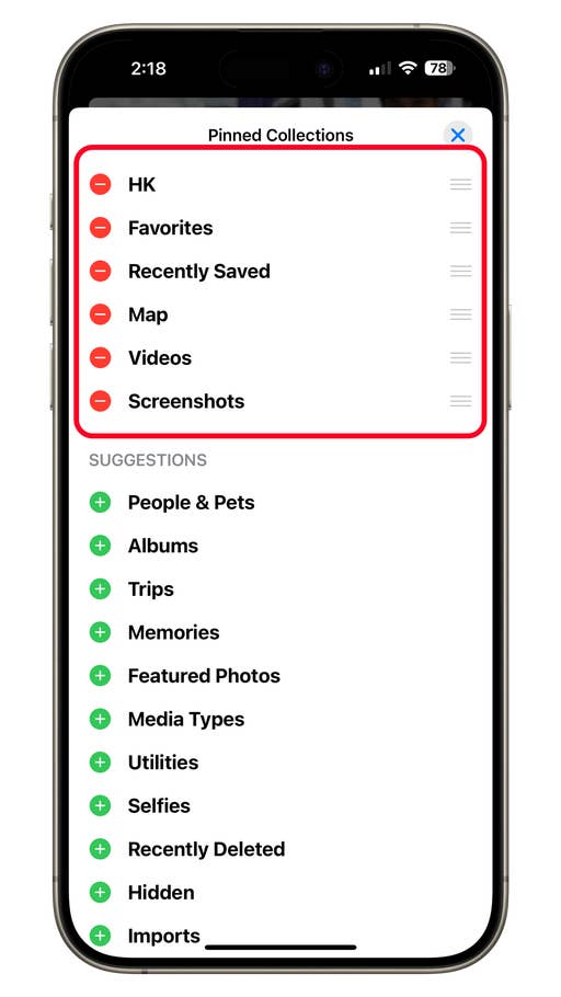 Interface iOS 18 montrant les collections épinglées : HK, Favoris, Récemment enregistré, Carte, Vidéos, Captures du0027écran.