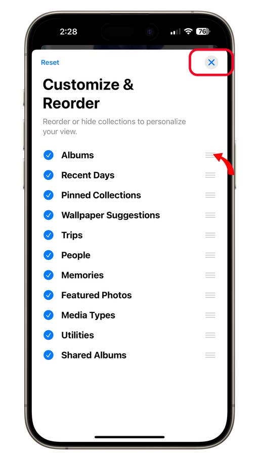 Écran du0027iPhone affichant les options u0027Personnaliser et réorganiseru0027 dans les paramètres iOS 18.