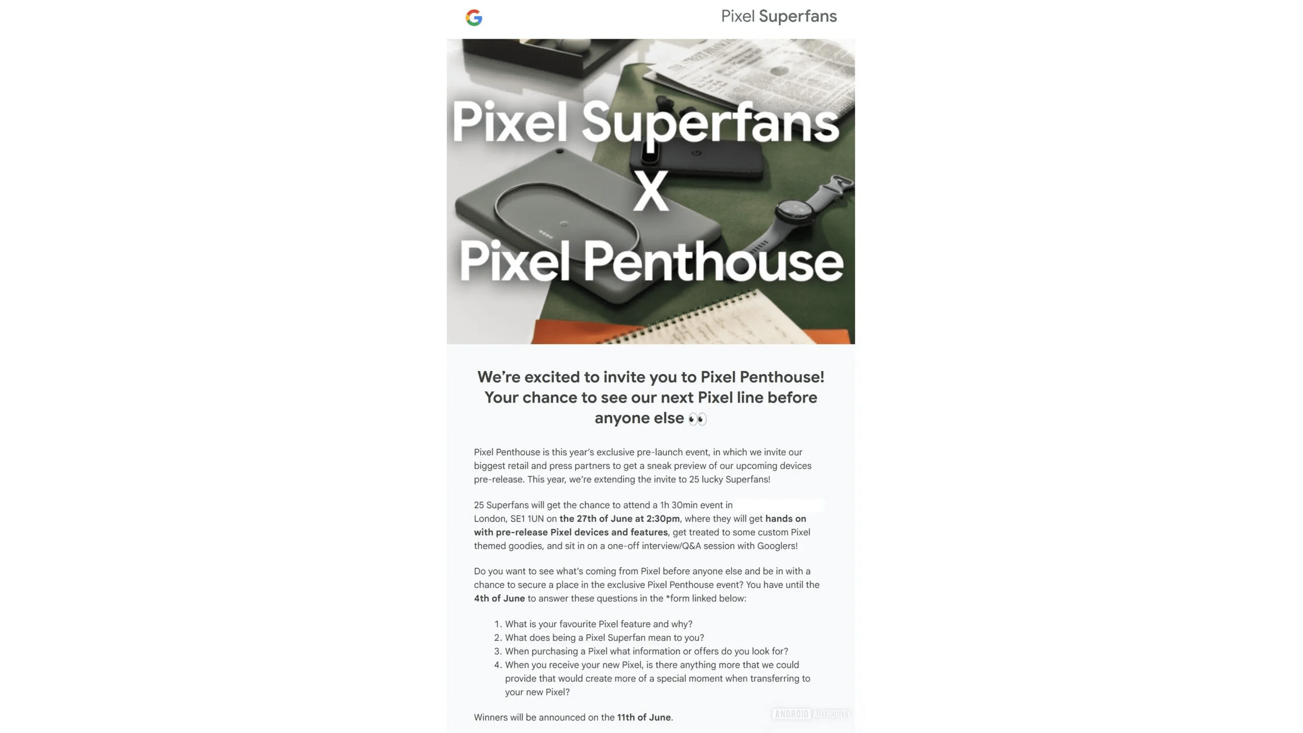 Invitation à l'événement Pixel Penthouse de Google pour les super fans de Pixel, avec des détails sur la participation et les questions.